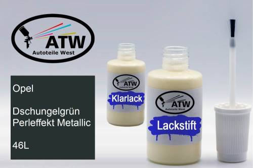 Opel, Dschungelgrün Perleffekt Metallic, 46L: 20ml Lackstift + 20ml Klarlack - Set, von ATW Autoteile West.